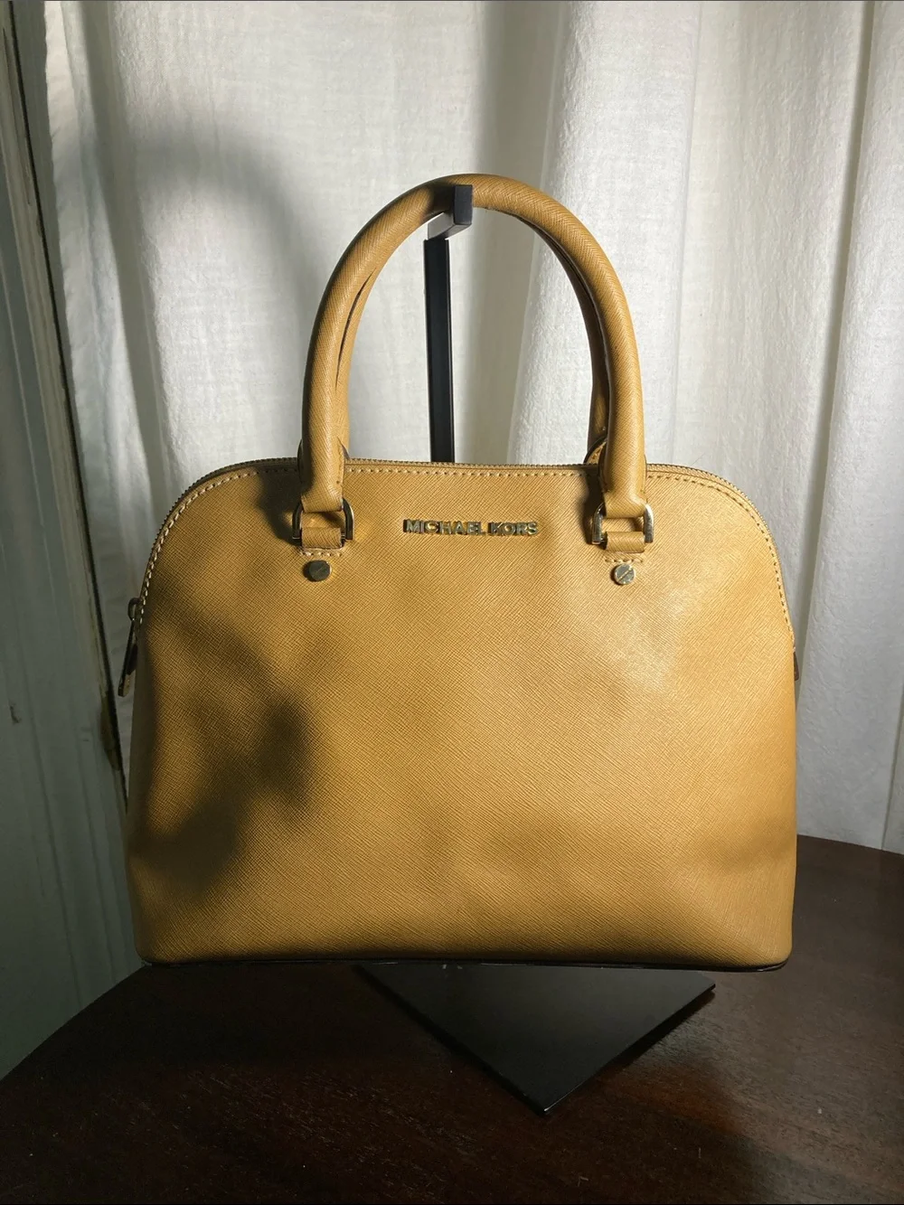 Michael Kors Saffiano Cindy Leather Dome Satchel in Mustard